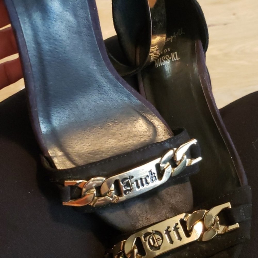 JEFFREY CAMPBELL sz 7 BLACK F*CK OFF or F BOMB METAL ACCENT HEELS strappy sandal - Picture 6 of 7